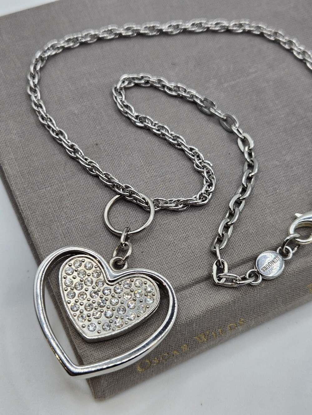 Vintage Y2k CZ Heart Choker Necklace Dogtag 17" Whimsigoth goth Mcbling